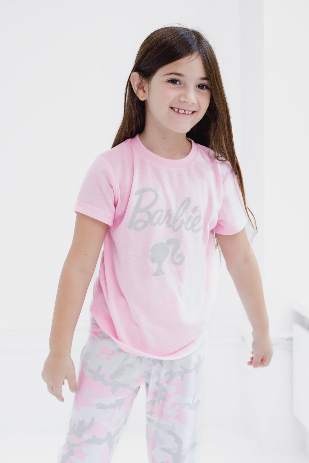 Barbie Girls' 2-Piece Pajama Shirt and Pants Set Rose Pink Camo
