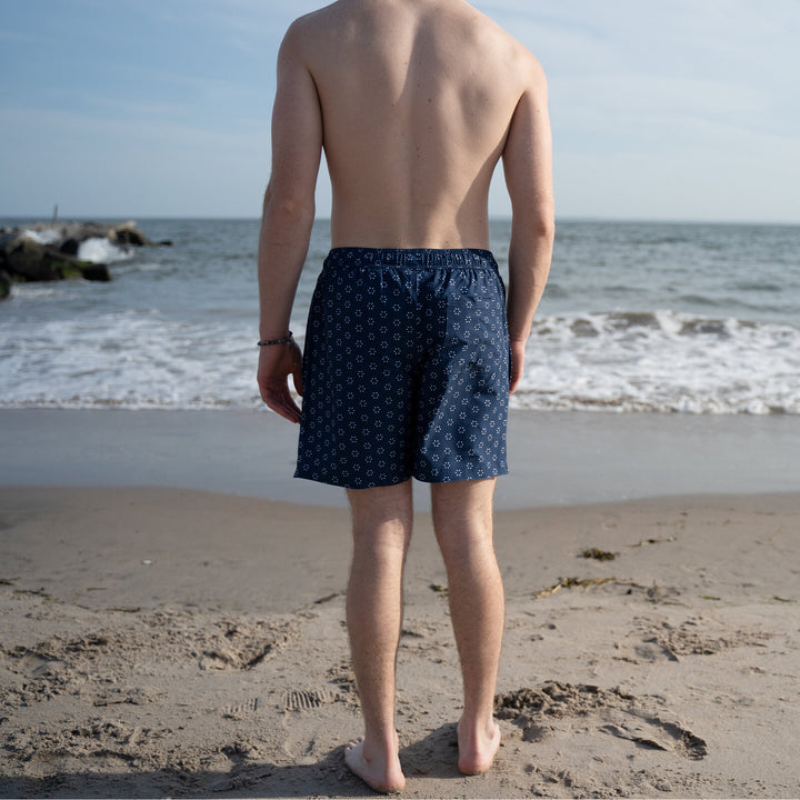 Dreamwave Men's Compression Liner Swim Trunks with Phone Pocket 7 inch Inseam Anti Chafing Navy Medallion