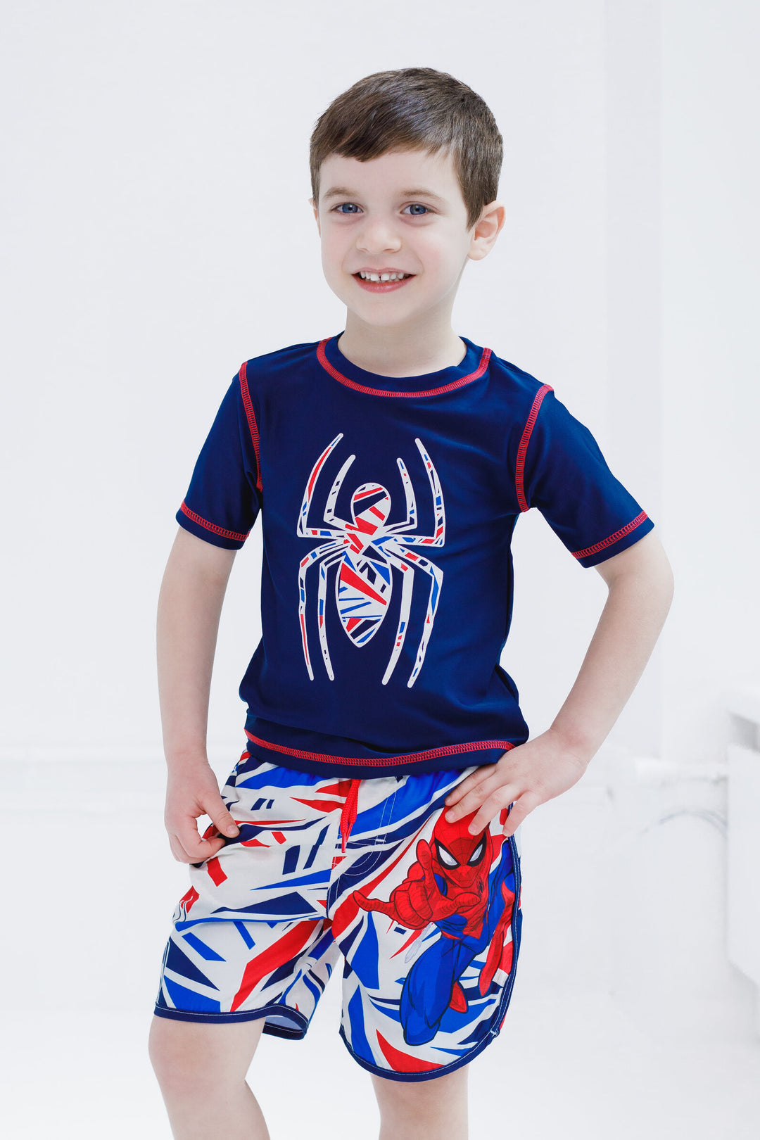 Marvel Spider-Man Little Boys' 2-Piece Rash Guard and Swim Trunks Set Navy Glass