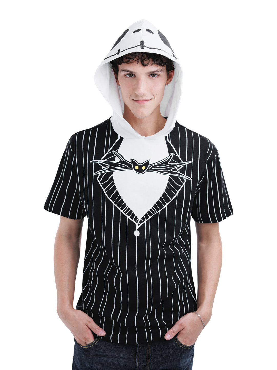 Nightmare Before Christmas Jack Skellington Men's Cosplay Short Sleeve Hooded T-Shirt Pinstripe Black