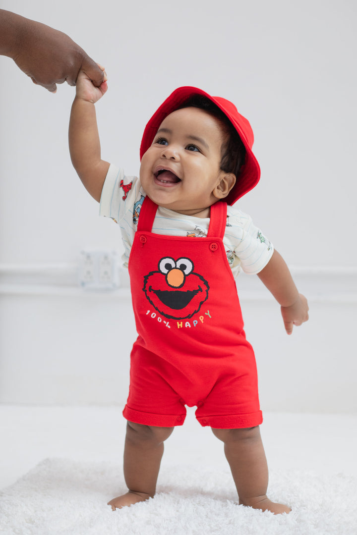 Sesame Street Elmo Boys' T-Shirt and Shortalls Set with Bucket Hat Red