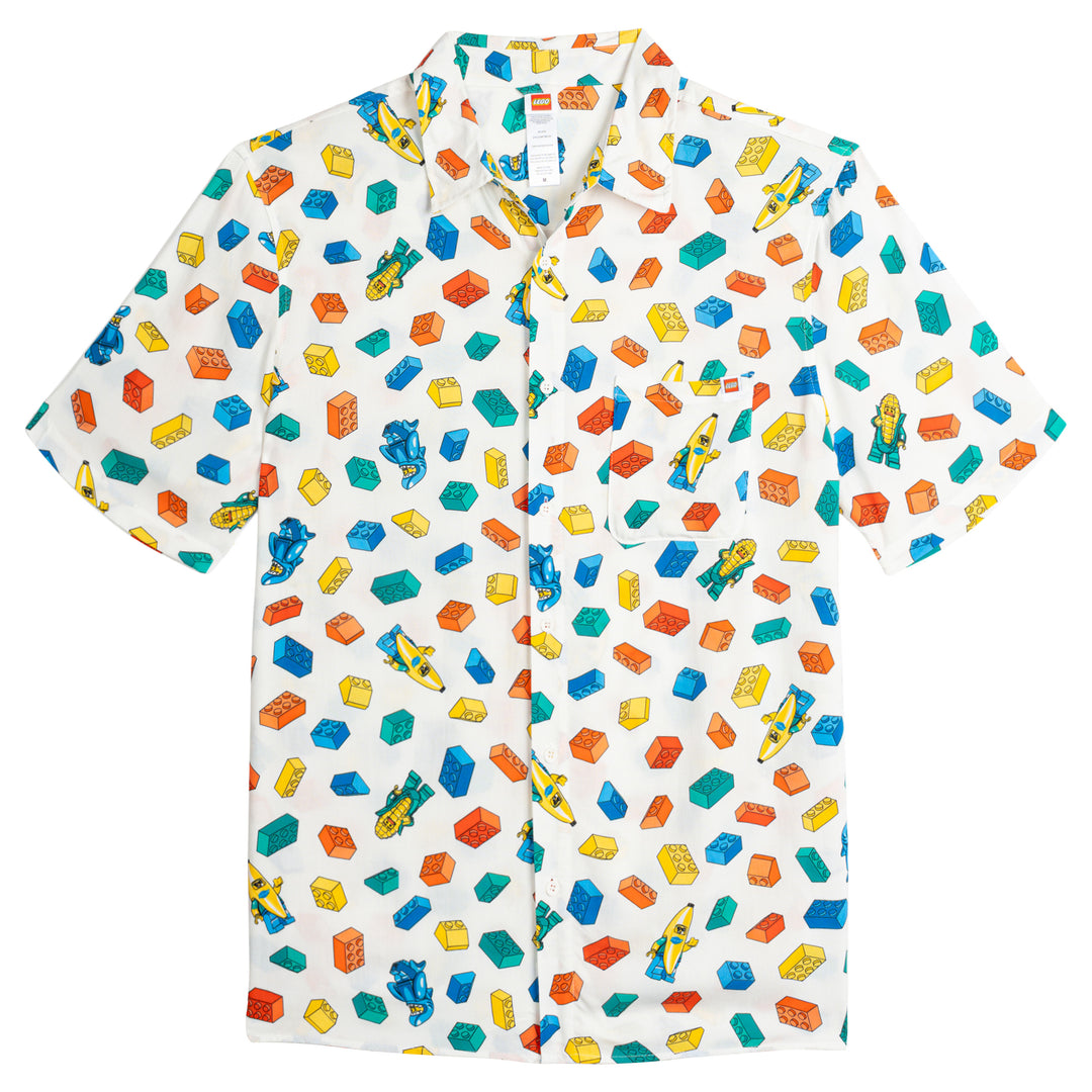 LEGO Adult Men or Women Short Sleeve Button Down Shirt Bricks White