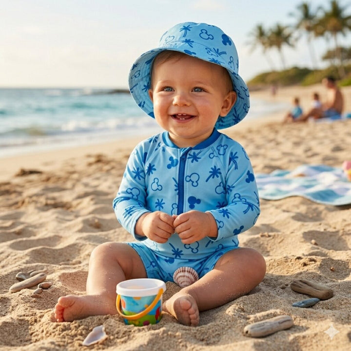 Disney Mickey Mouse Baby Boys' Swimwear One Piece Sunsuit and Hat Set Light Blue