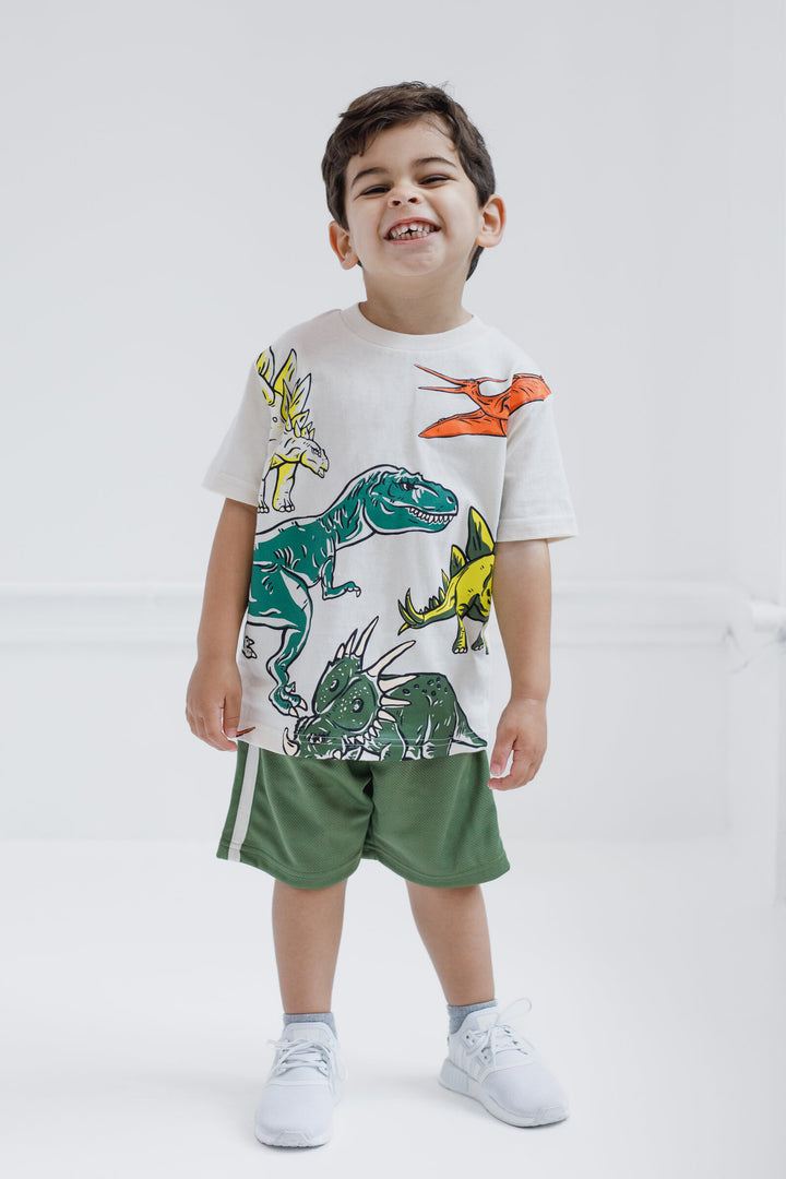 Funstuff Boys' Athletic 2-Piece T-Shirt and Shorts Set Dinosaur Beige Green