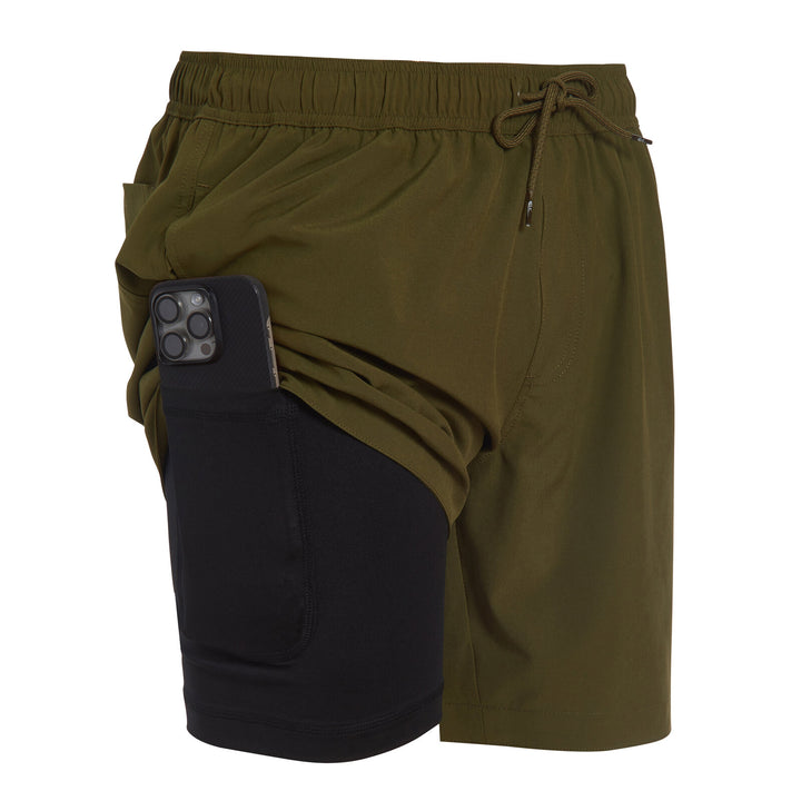 Dreamwave Men's Compression Liner Swim Trunks with Phone Pocket 7 inch Inseam Anti Chafing Olive Black