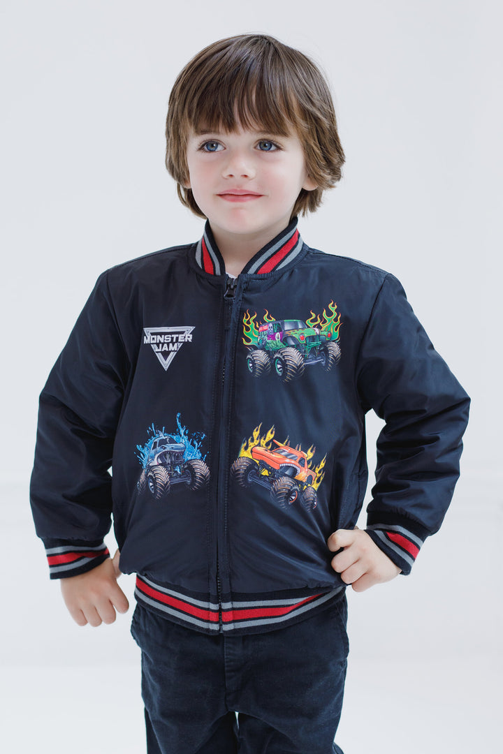 Monster Jam Boys' Zip-Up Bomber Jacket Black Grey Red