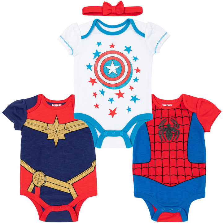 Marvel Avengers Baby Girls' 3-Pack Cosplay Bodysuits and Headband Set Red Blue