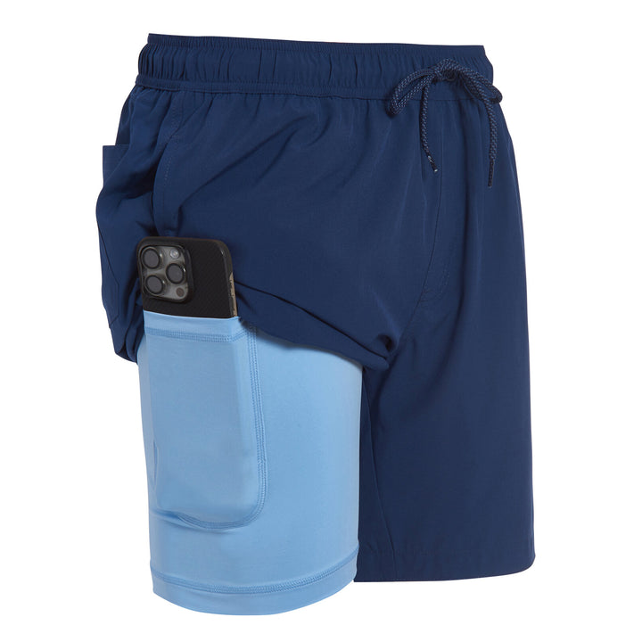 Dreamwave Men's Compression Liner Swim Trunks with Phone Pocket 7 inch Inseam Anti Chafing Navy Light Blue