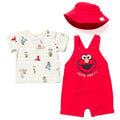 Sesame Street Elmo Boys' T-Shirt and Shortalls Set with Bucket Hat Red