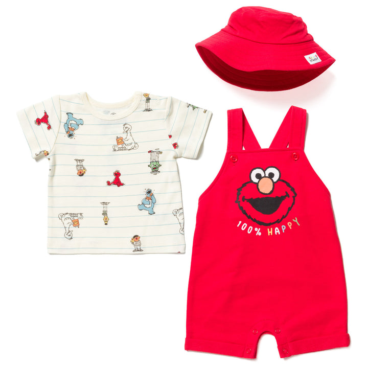 Sesame Street Elmo Boys' T-Shirt and Shortalls Set with Bucket Hat Red