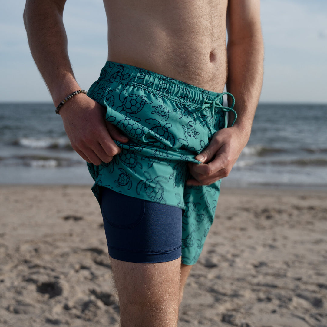 Dreamwave Men's 2-Pack Compression Liner Swim Trunks with Phone Pocket 7 inch Inseam Anti Chafing Navy Teal Turtles