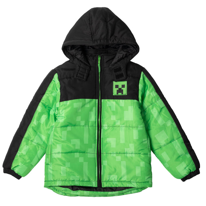 Minecraft Creeper Boys' 2-Piece Hooded Puffer Jacket and Snow Bib Set Green