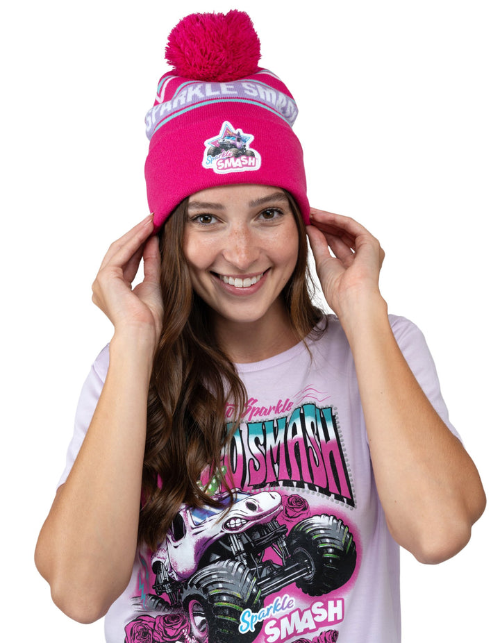 Monster Jam Sparkle Smash Women's Knit Beanie Hat Fuchsia