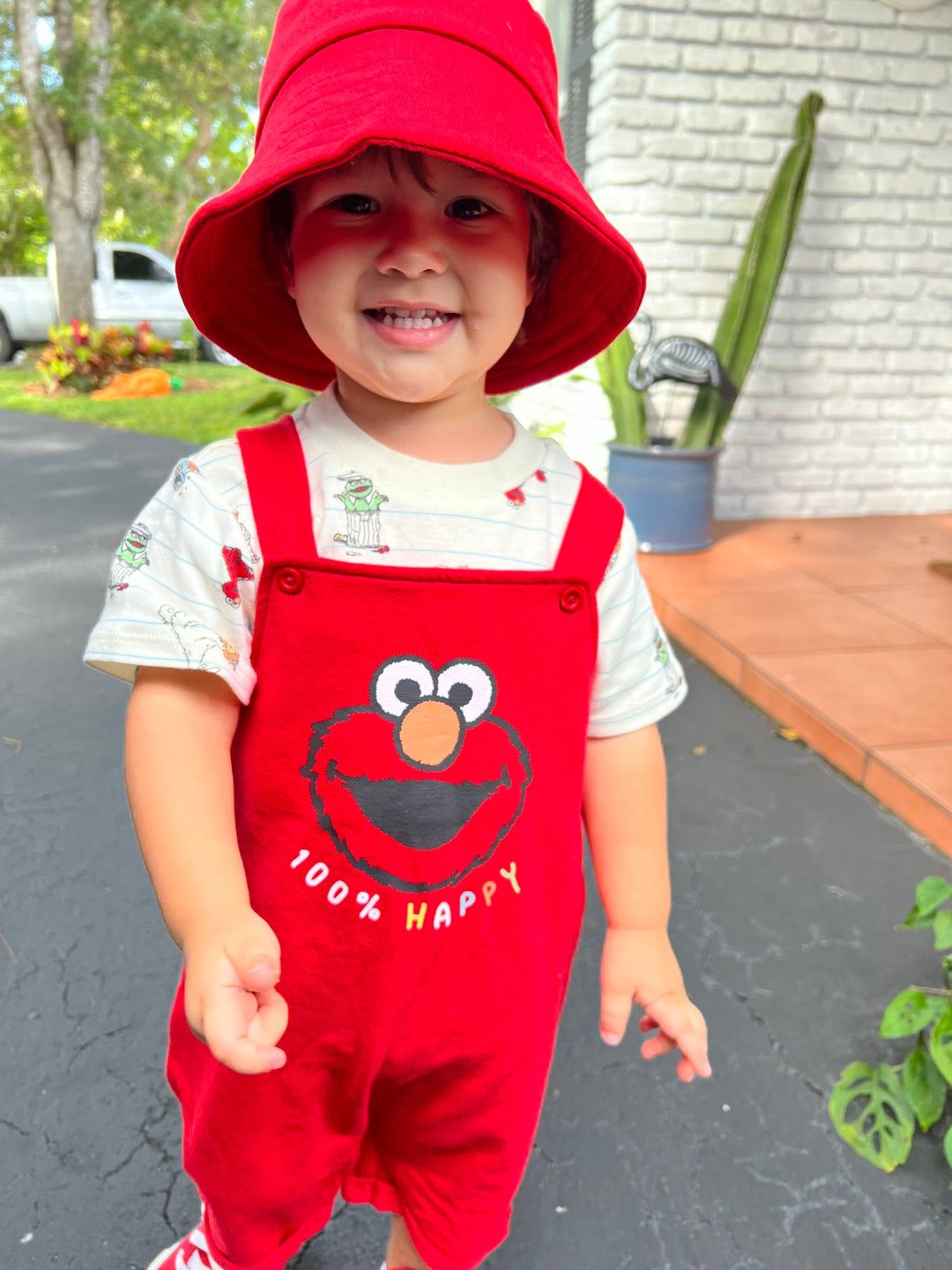 Sesame Street Elmo Boys' T-Shirt and Shortalls Set with Bucket Hat Red