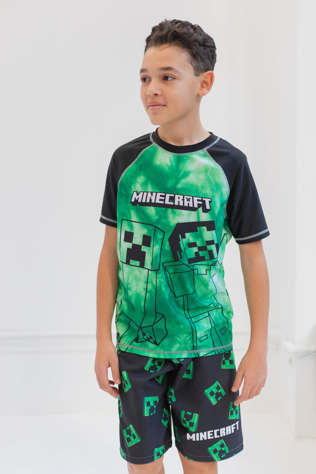 Minecraft Creeper Boys' Quick Dry Swim Trunks Black Green