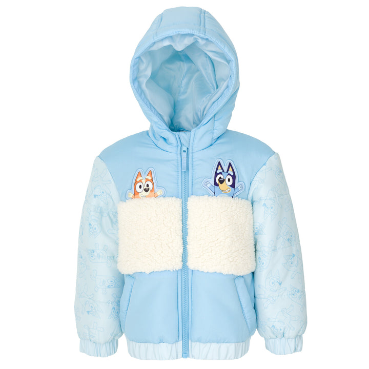 Bluey Girls' Hooded Zip-Up Puffer Jacket Bingo Ice Blue