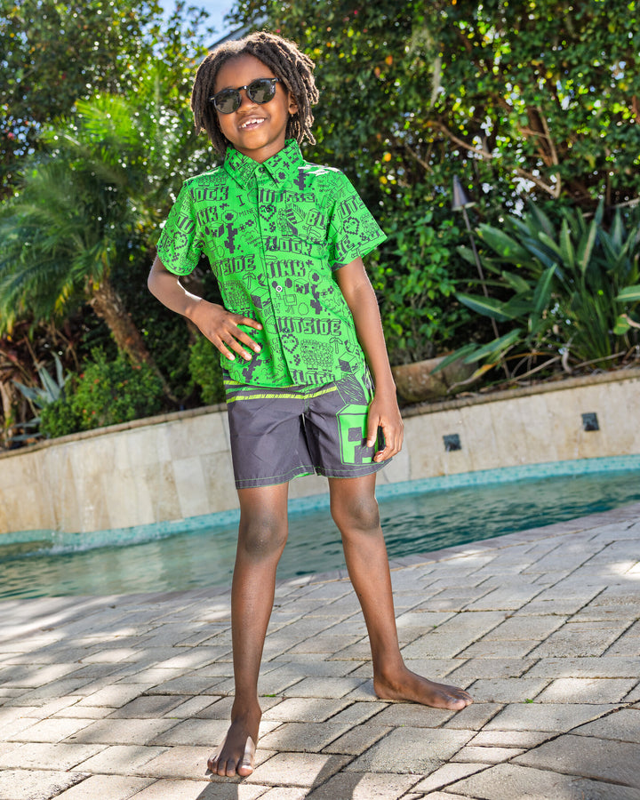 Minecraft Creeper Boys' Swimwear Camp Shirt and Swim Trunks Set Green Black