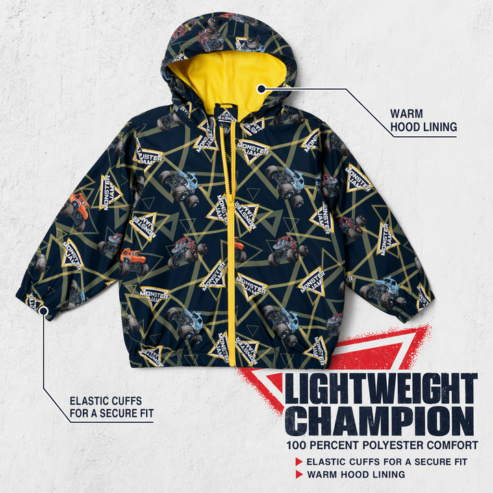 Monster Jam Boys' Zip-Up Hooded Windbreaker Jacket Navy