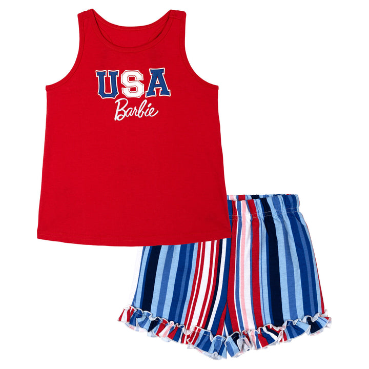 Barbie Girls' 2-Piece Sleeveless Tank Top and Shorts Set Red Navy Stripe