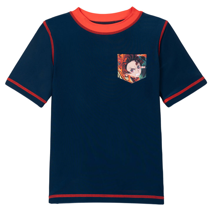 Demon Slayer Tanjiro Kamado Boys' UPF 50+ Rash Guard and Swim Trunks Navy Red