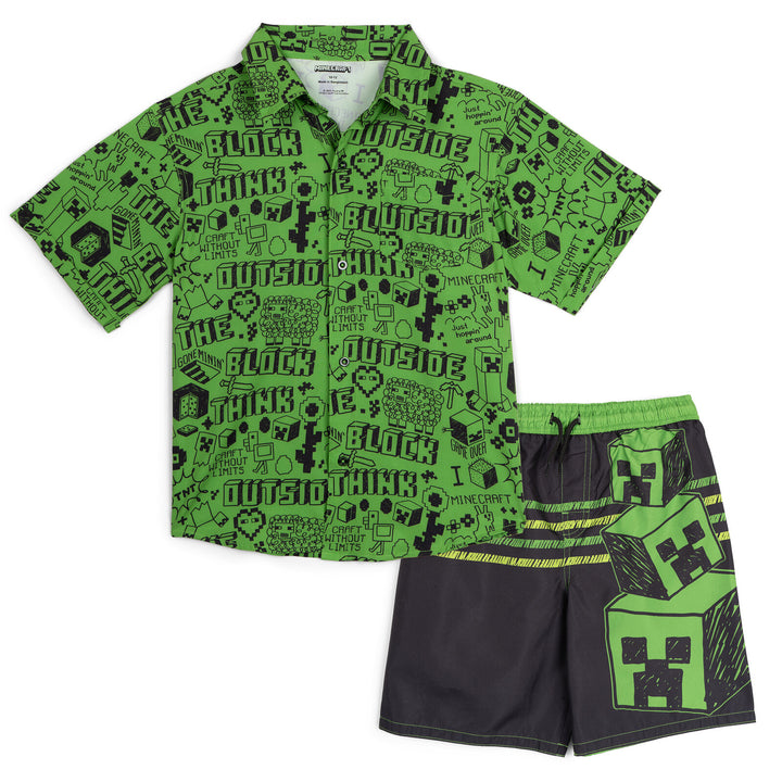 Minecraft Creeper Boys' Swimwear Camp Shirt and Swim Trunks Set Green Black