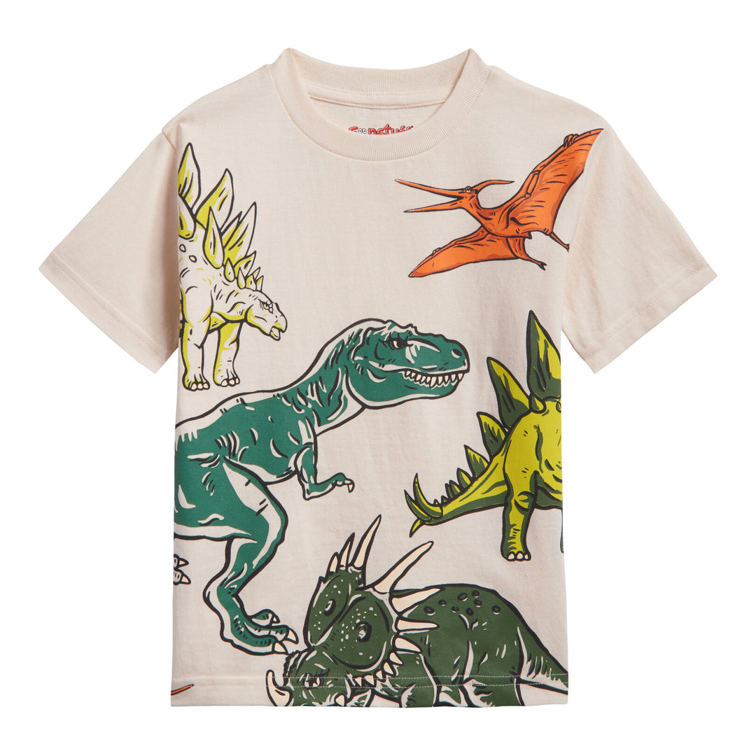 Funstuff Boys' Athletic 2-Piece T-Shirt and Shorts Set Dinosaur Beige Green