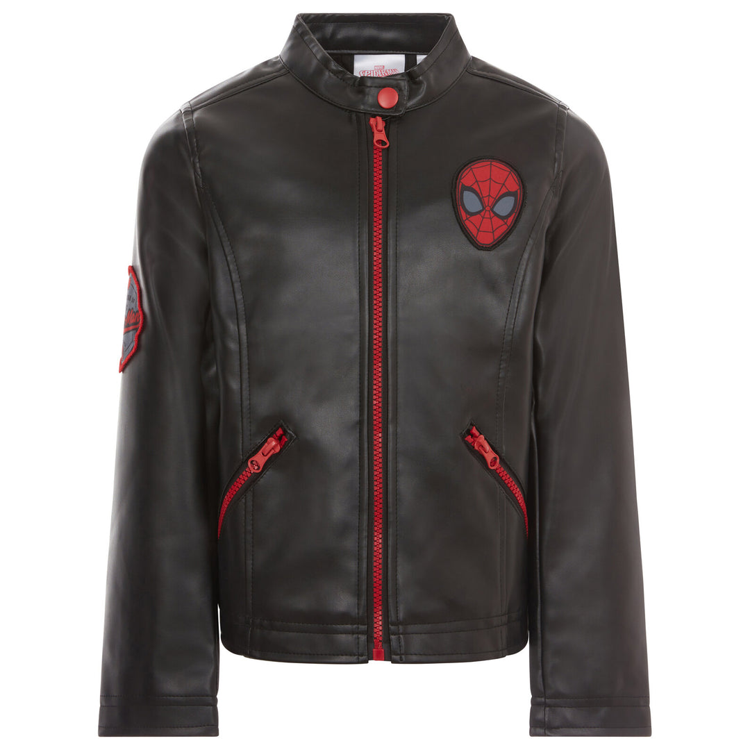 Marvel Spider-Man Boys' Zip-Up Leather Jacket Black Red