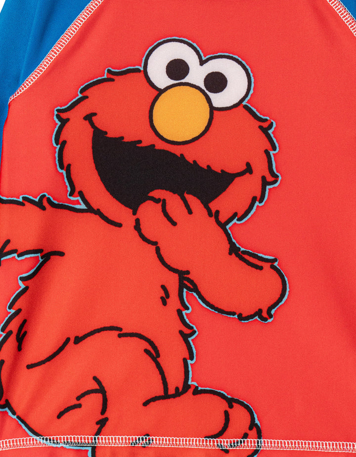 Sesame Street 2-Piece Swimwear Rash Guard and Swim Trunks Set Elmo Red Blue
