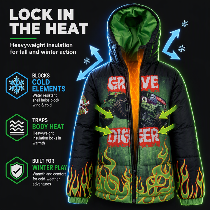 Monster Jam Boys' Hooded Puffer Jacket Grave Digger Green