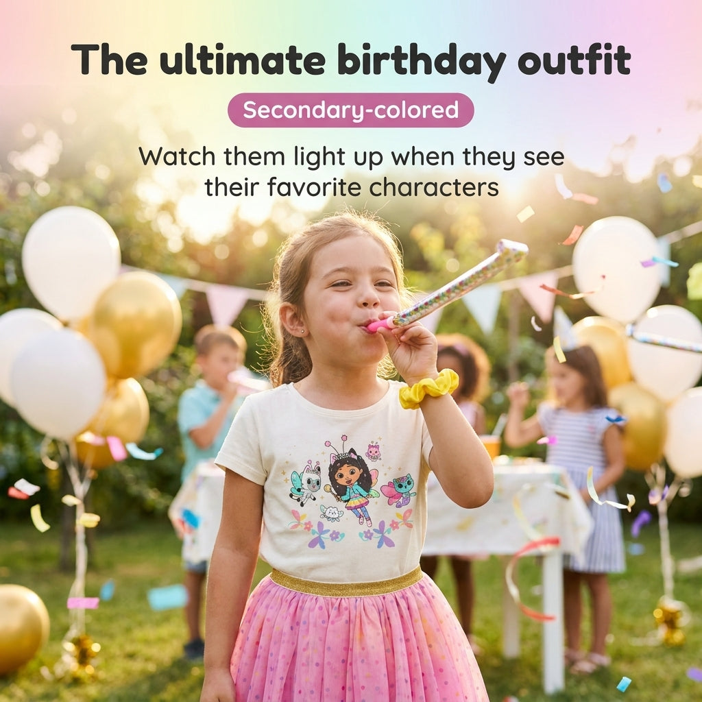 Gabby's Dollhouse T-Shirt and Tutu Skirt Set with Scrunchie Tusk Rainbow Polka