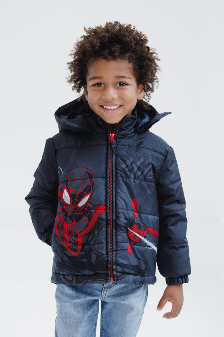 Marvel Spider-Verse Miles Morales Boys' Hooded Zip-Up Puffer Jacket Black