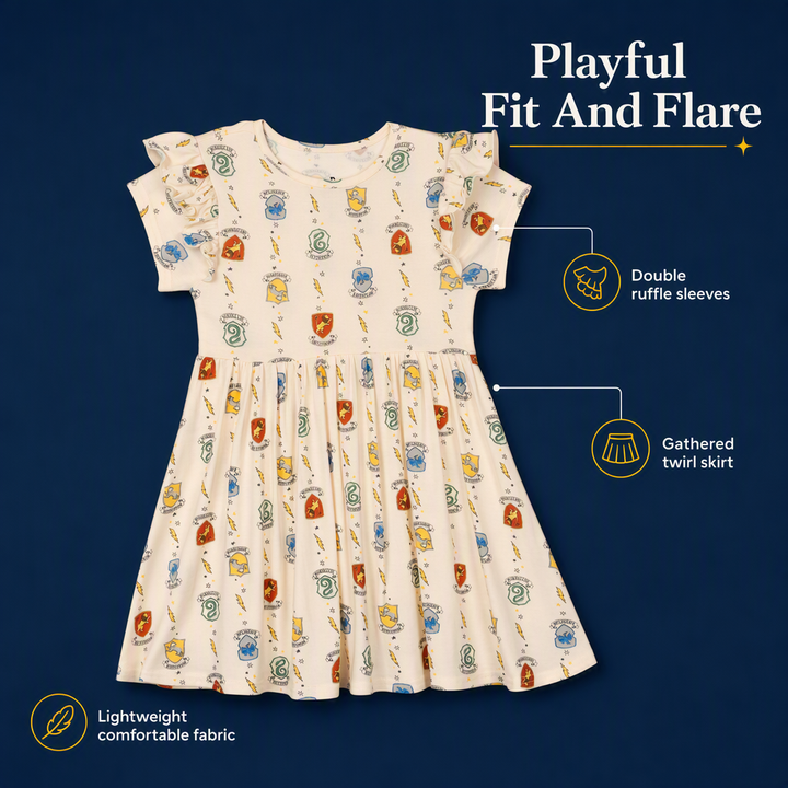 Harry Potter Girls' Short Sleeve Flare Dress White Crest Print