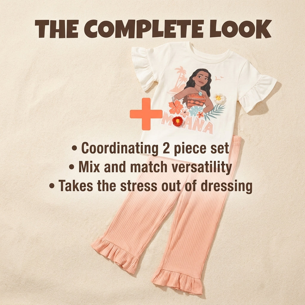Moana Girls' 2-Piece T-Shirt and Leggings Set Ivory Rib Peach