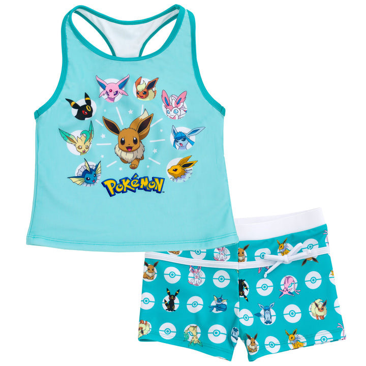 Pokemon Eevee Girls' 2-Piece Swimwear Tankini and Swim Shorts Set Light Teal