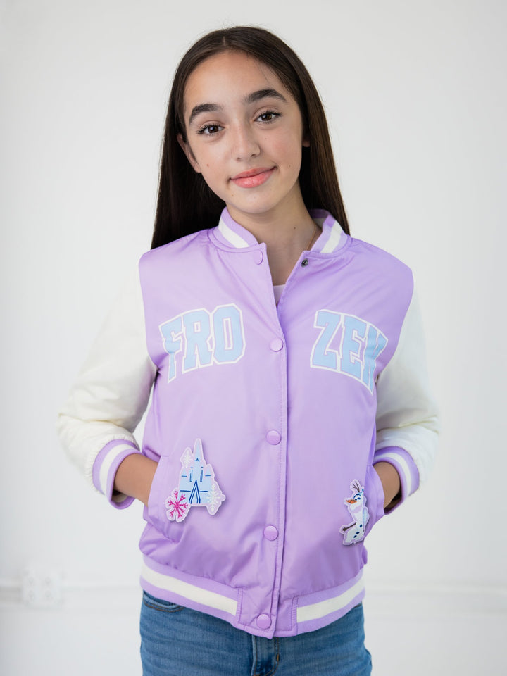 Frozen Girls' Varsity Bomber Jacket Lavender Anna Elsa