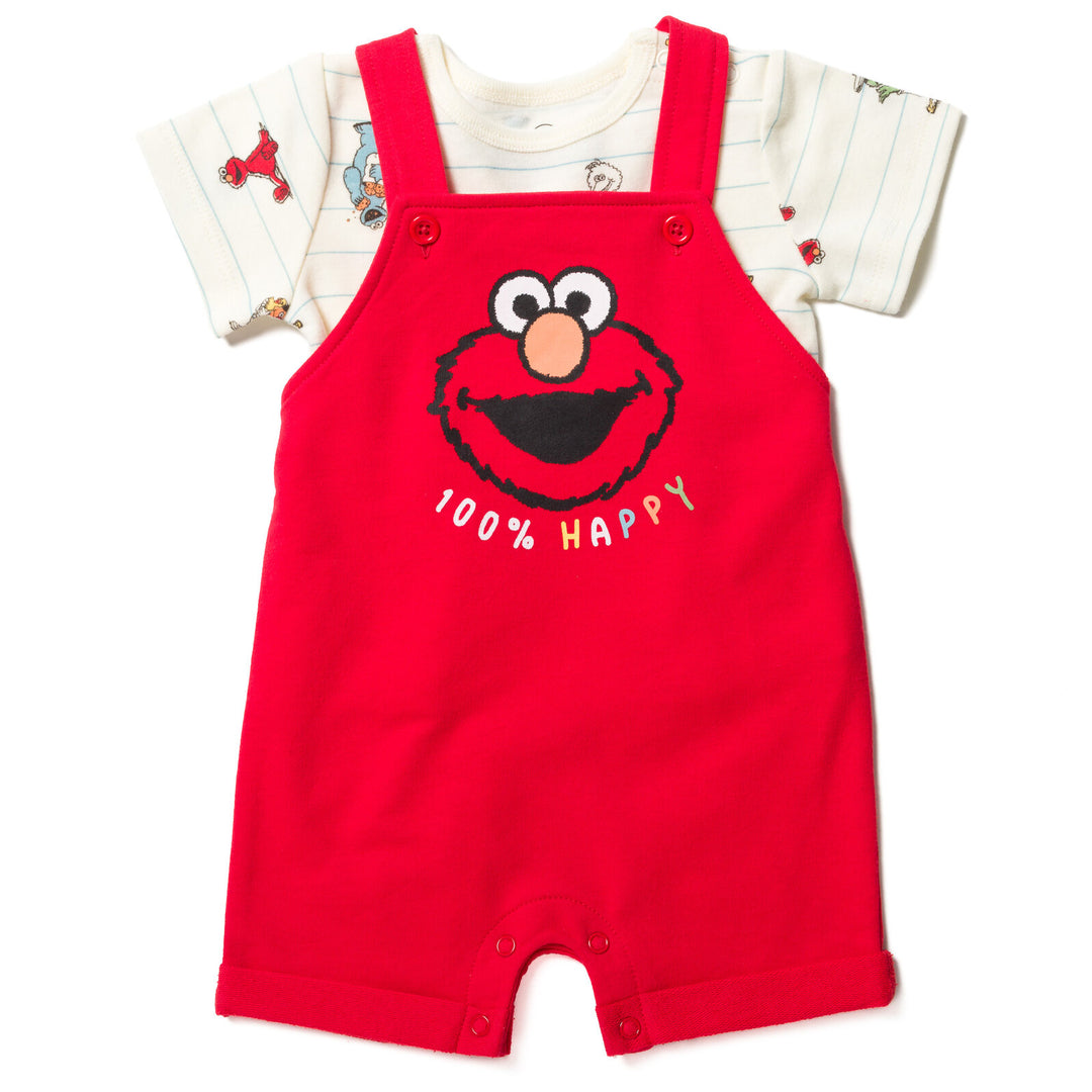 Sesame Street Elmo Boys' T-Shirt and Shortalls Set with Bucket Hat Red