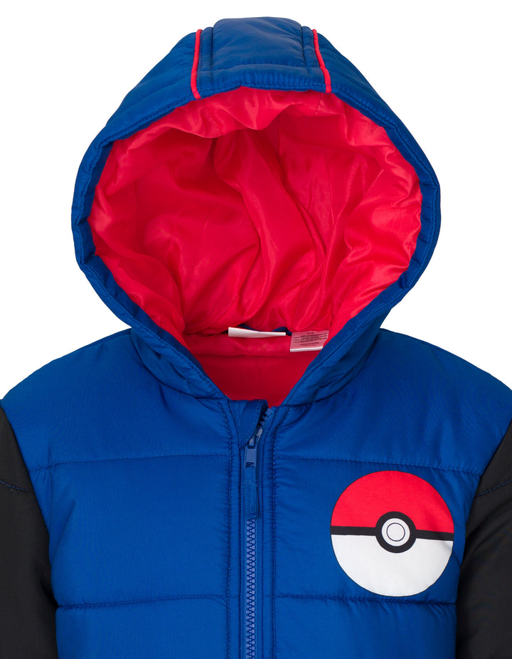 Pokemon Boys' Full Zip Hooded Puffer Jacket Blue Black