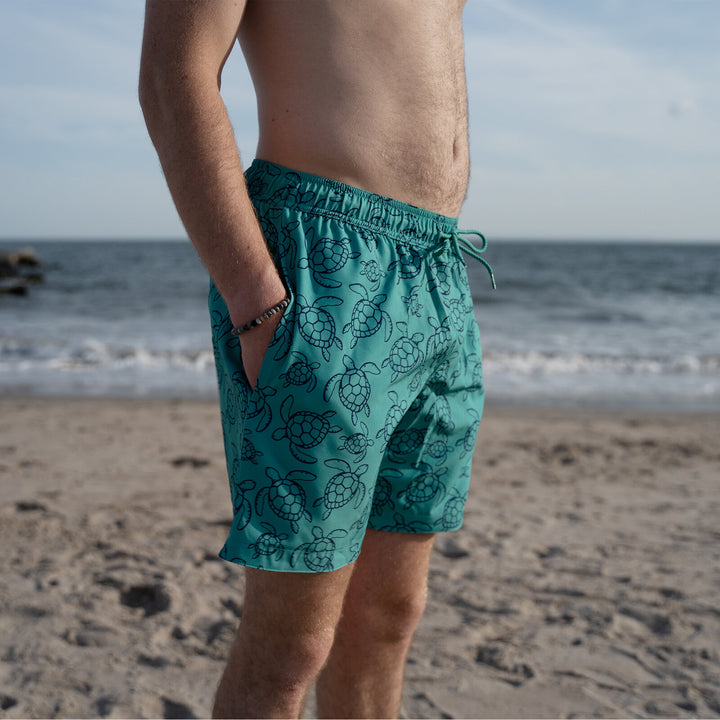 Dreamwave Men's 2-Pack Compression Liner Swim Trunks with Phone Pocket 7 inch Inseam Anti Chafing Navy Teal Turtles