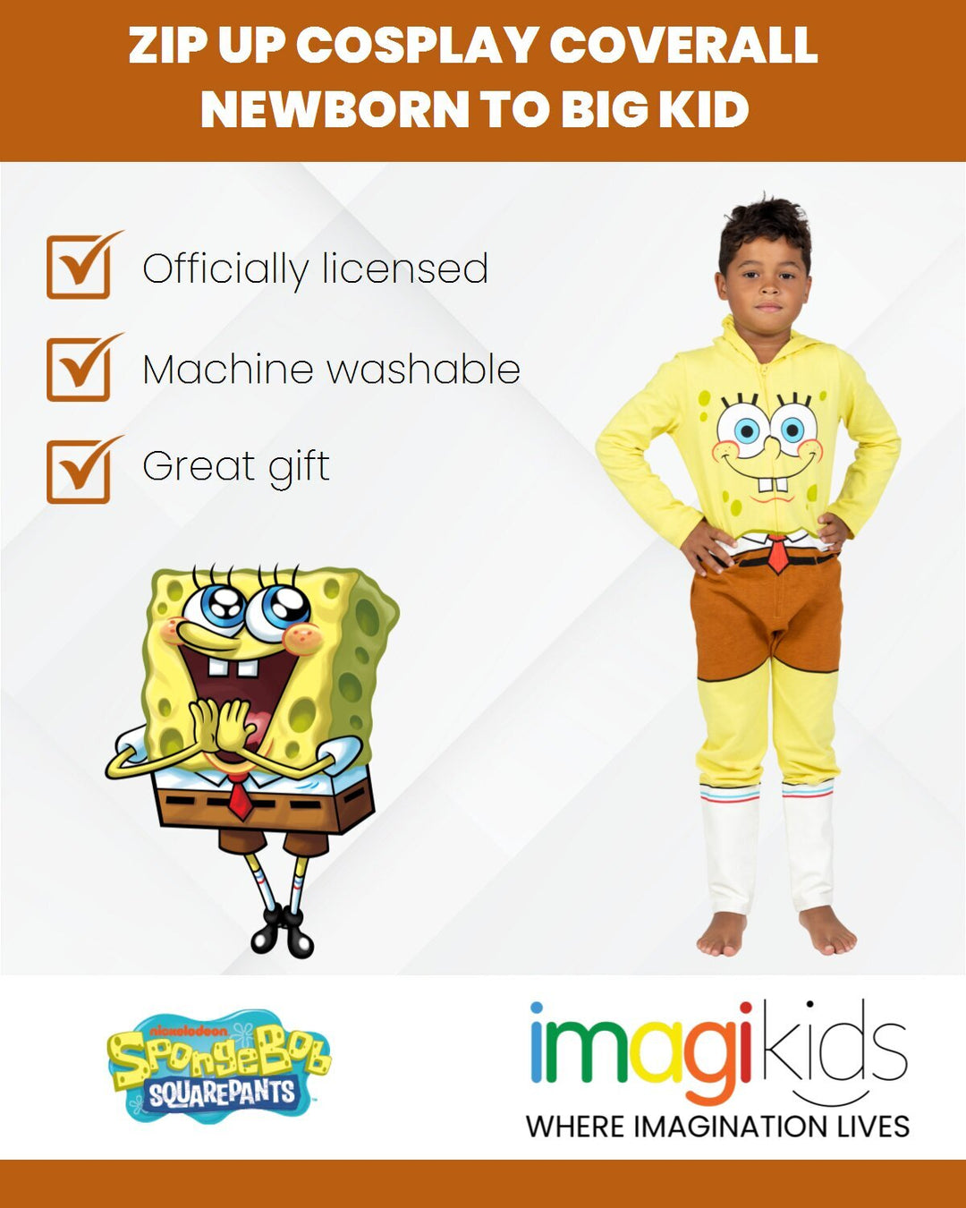 Nickelodeon SpongeBob SquarePants Boys' Cosplay Hooded One Piece Coverall Yellow