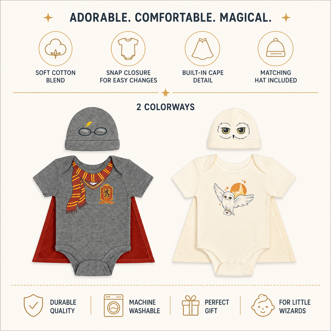 Harry Potter Baby 2-Piece Cosplay Bodysuit and Hat Set Grey