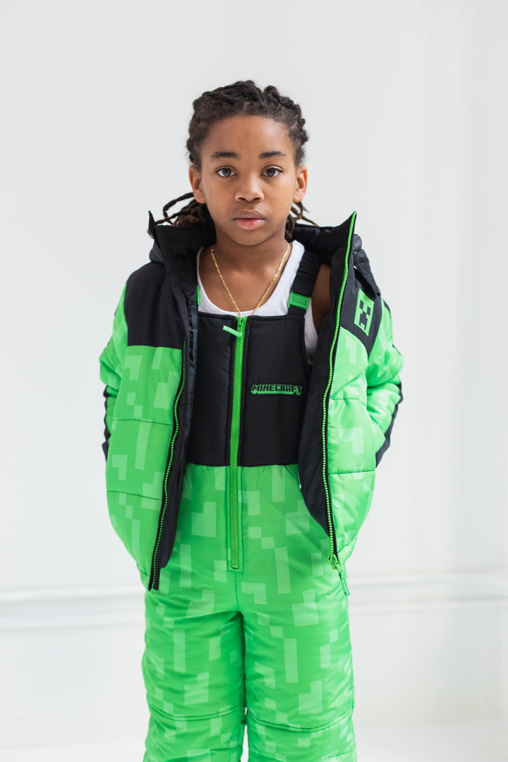 Minecraft Creeper Boys' 2-Piece Hooded Puffer Jacket and Snow Bib Set Green