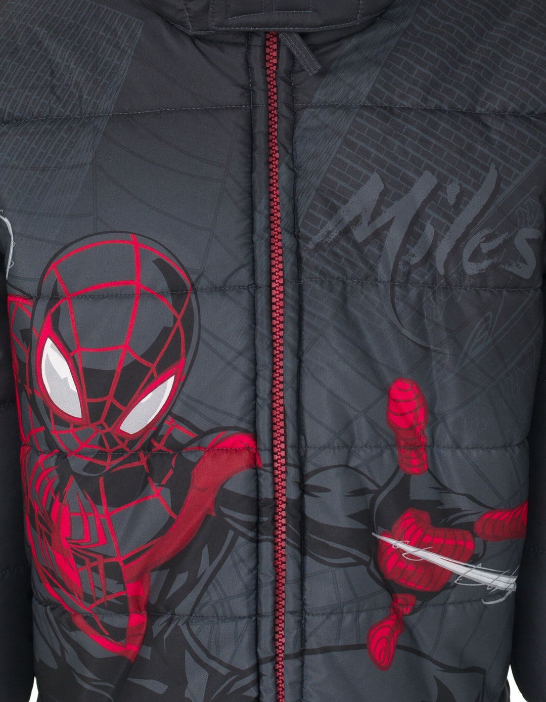 Marvel Spider-Verse Miles Morales Boys' Hooded Zip-Up Puffer Jacket Black