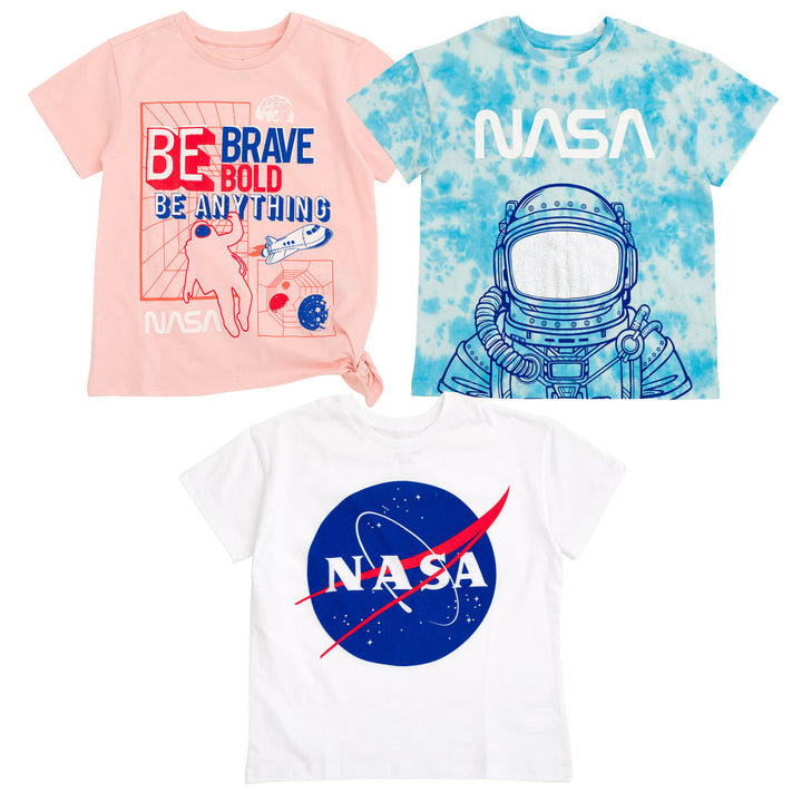Bentex NASA Girls' 3-Pack Short Sleeve T-Shirts Pink Tie Dye White