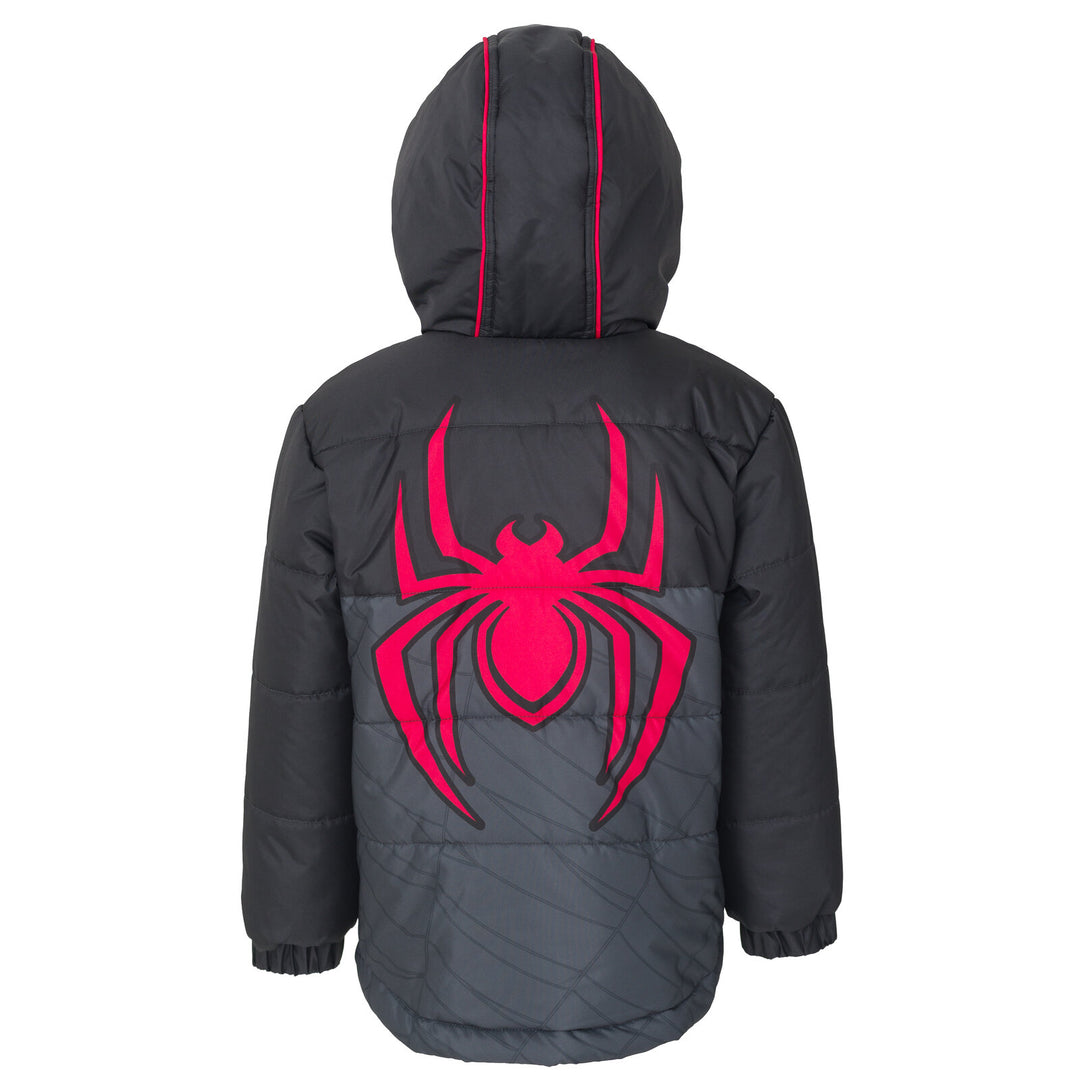 Marvel Spider-Verse Miles Morales Boys' Hooded Zip-Up Puffer Jacket Black