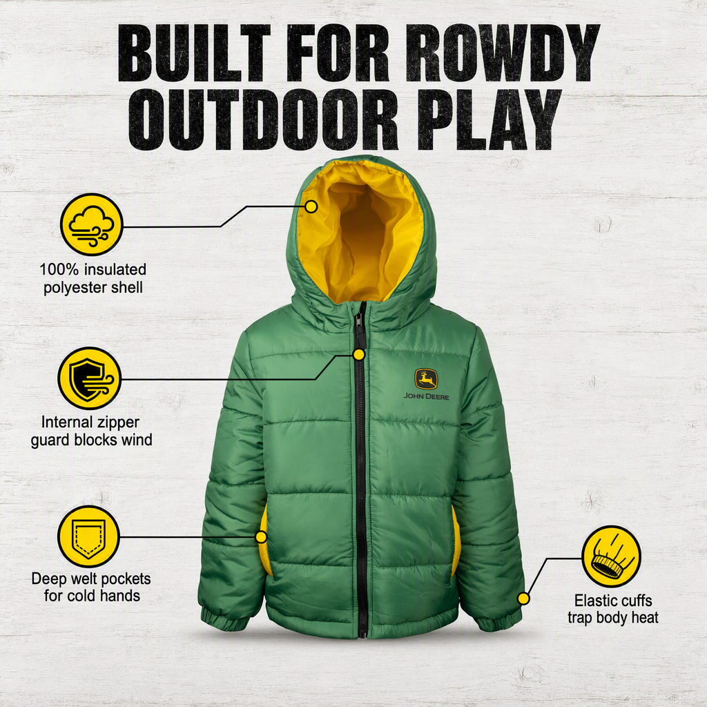 John Deere Boys' Quilted Hooded Puffer Jacket Chase Marshall Green