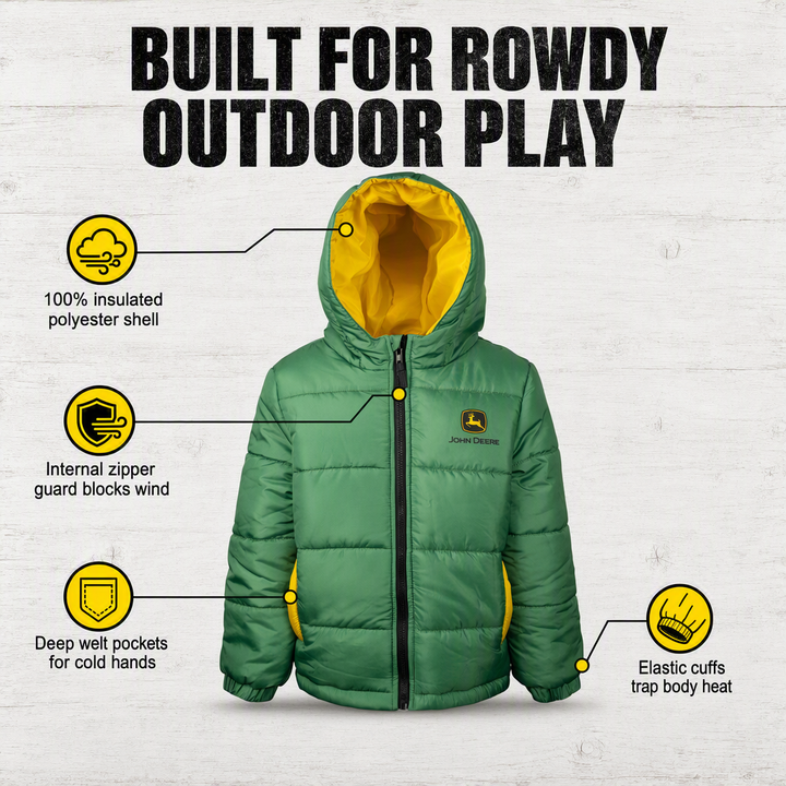 John Deere Boys' Quilted Hooded Puffer Jacket Chase Marshall Green