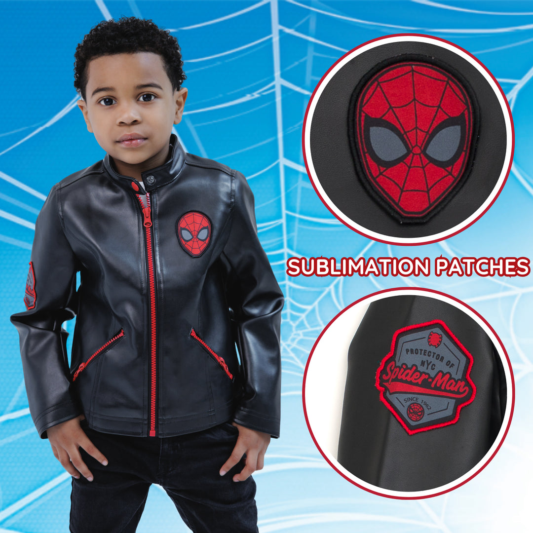 Marvel Spider-Man Boys' Zip-Up Leather Jacket Black Red
