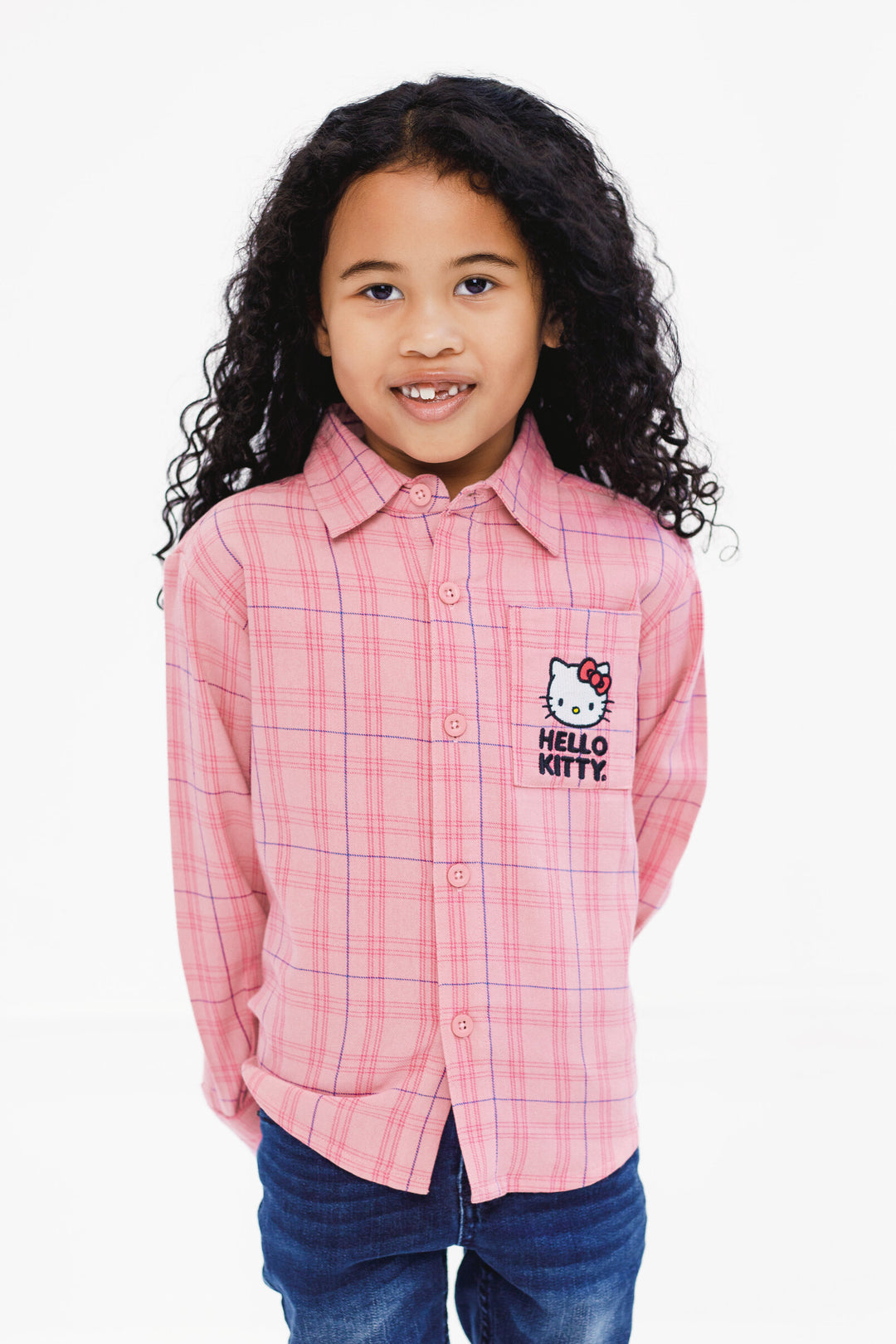 Hello Kitty Girls' Long-Sleeve Flannel Button-Down Shirt Pink