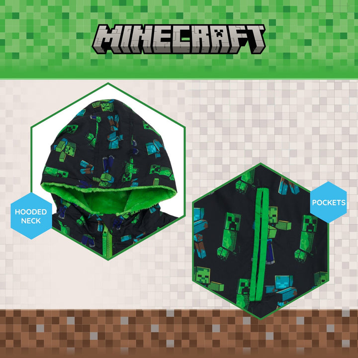 Minecraft Hooded Zip-Up Rain Jacket Creeper Zombie Black