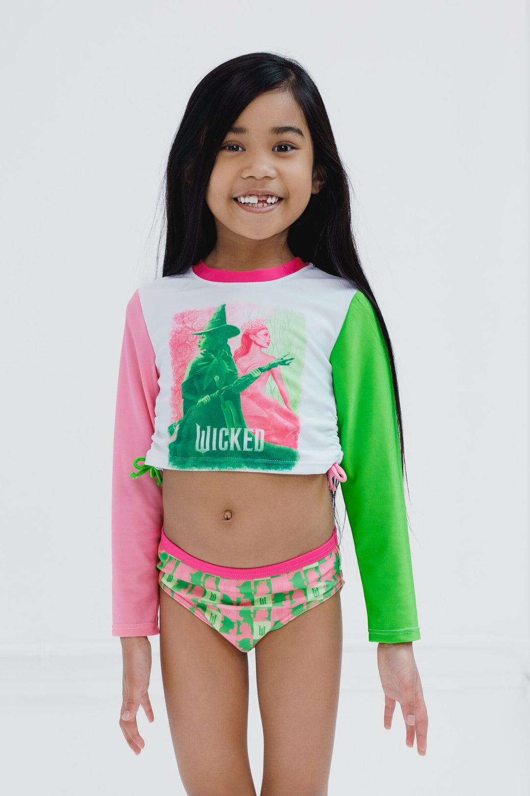 Wicked Girls' Cropped Swimwear Rash Guard and Bikini Set Pink Green